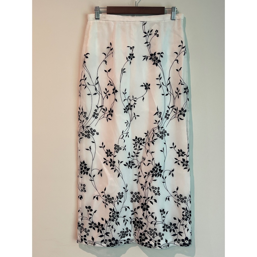 J.R. Nites White Black Floral Glitter Velvet Embossed Midi Skirt Size 10 Retro